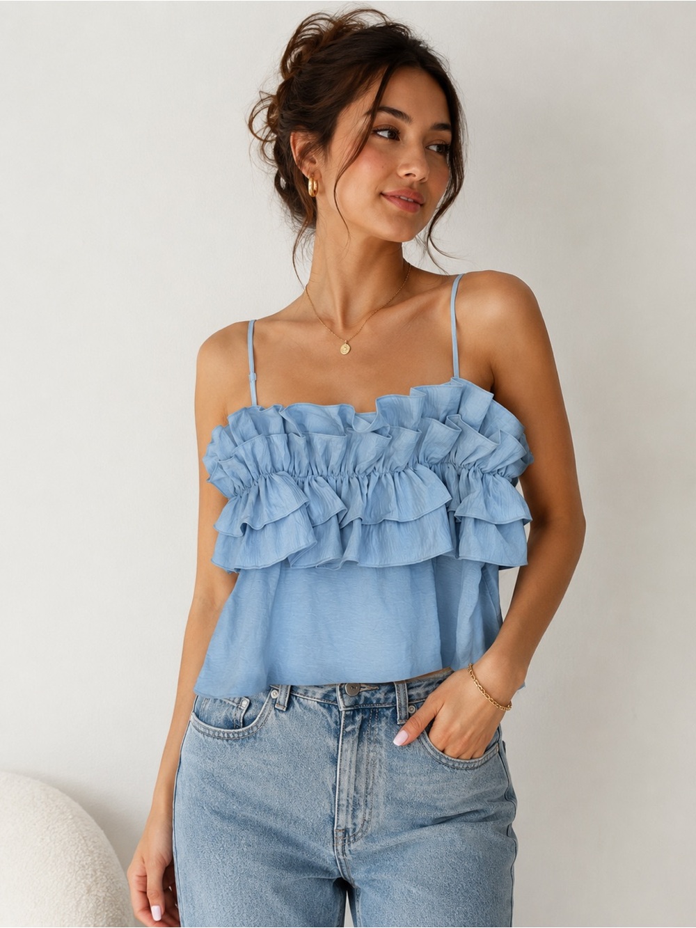 Sienna Sky Light Blue Ruffle Smocked Cami